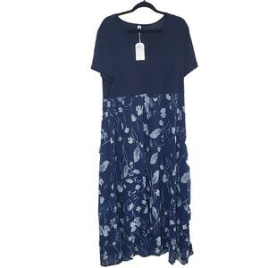 Women’s XXL blue floral knit maxi dress shirt sleeve NWT